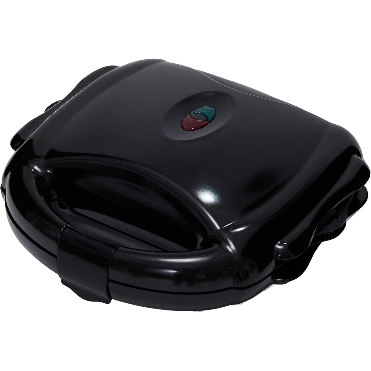 Closed black Amazon Basics 3-in-1 waffle maker with two indicator lights on the lid