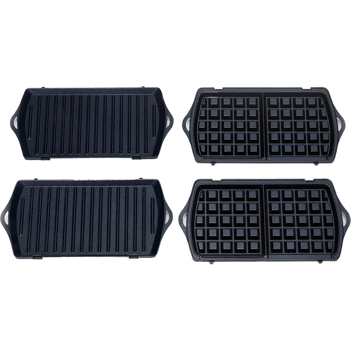 Interchangeable plates shown separately including waffle plates and ribbed grill plates