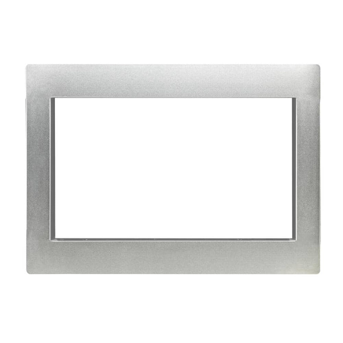 Stainless steel microwave trim frame shown by itself with a rectangular opening.