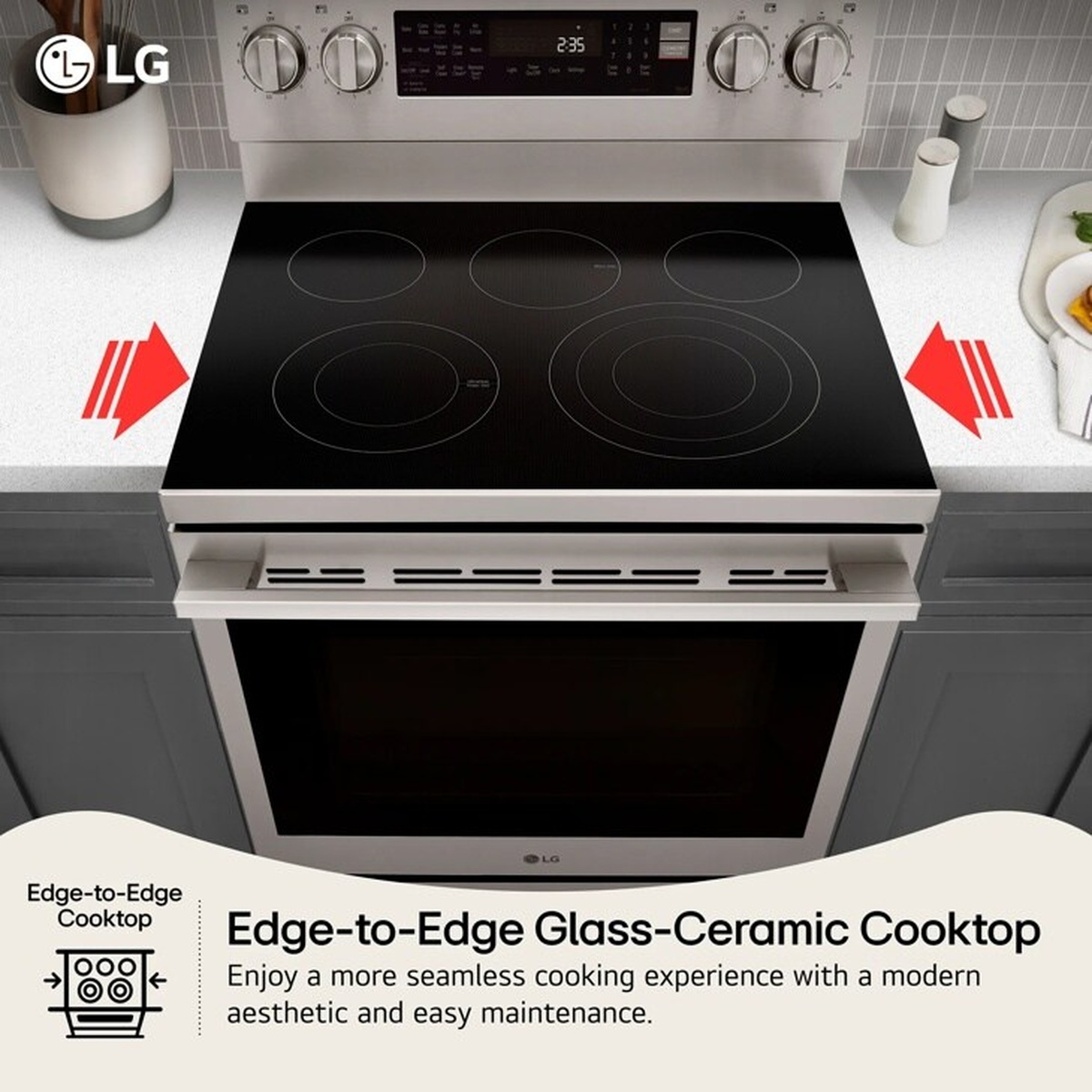 Top view of the LG LREN6325XE showing the edge-to-edge glass-ceramic cooktop and front controls