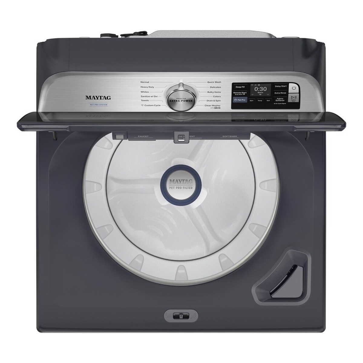 Top view of the Maytag MTW7205RF washer with the lid open, showing the wash basket area and Pet Pro Filter