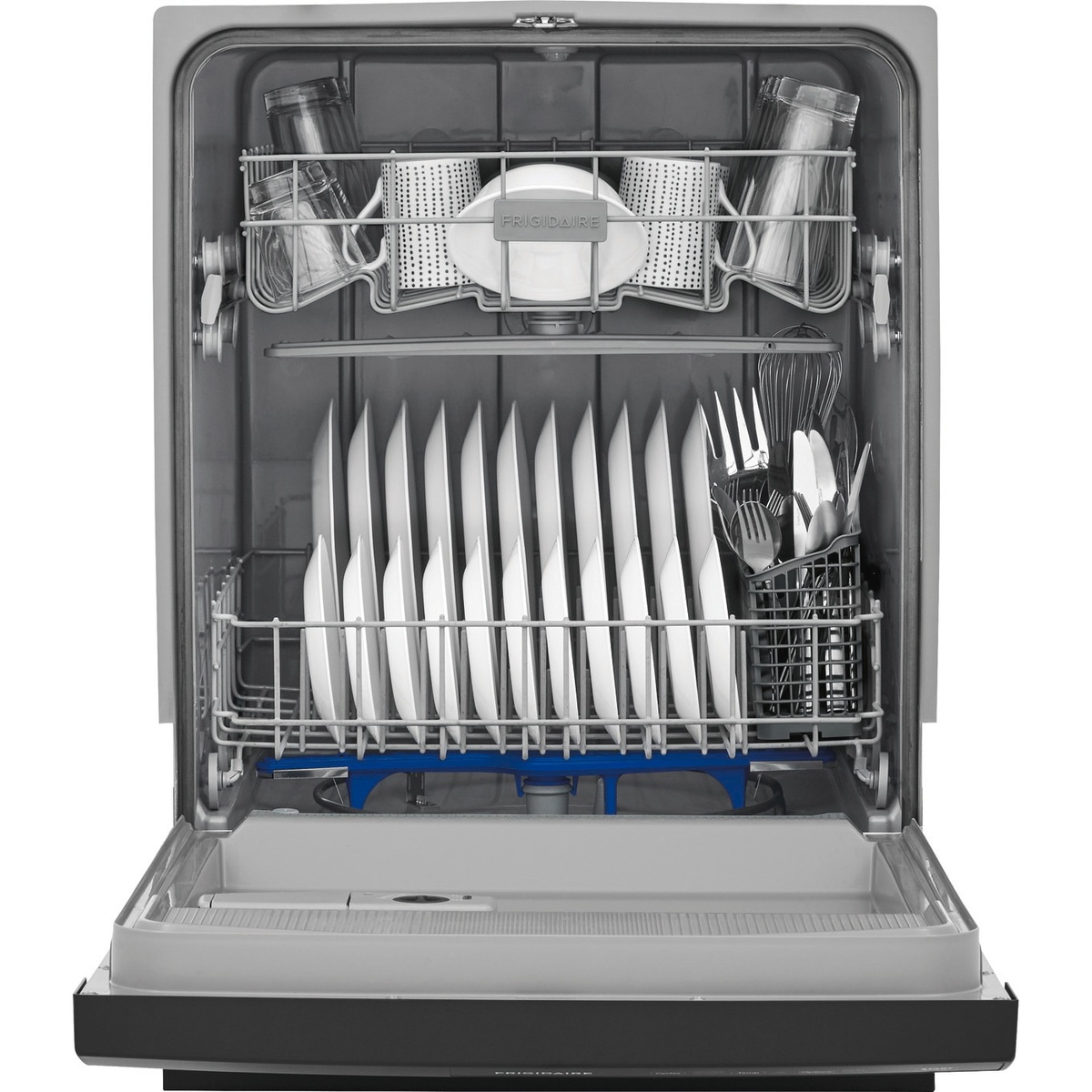 Open Frigidaire dishwasher showing two racks, plate slots, and a cutlery basket