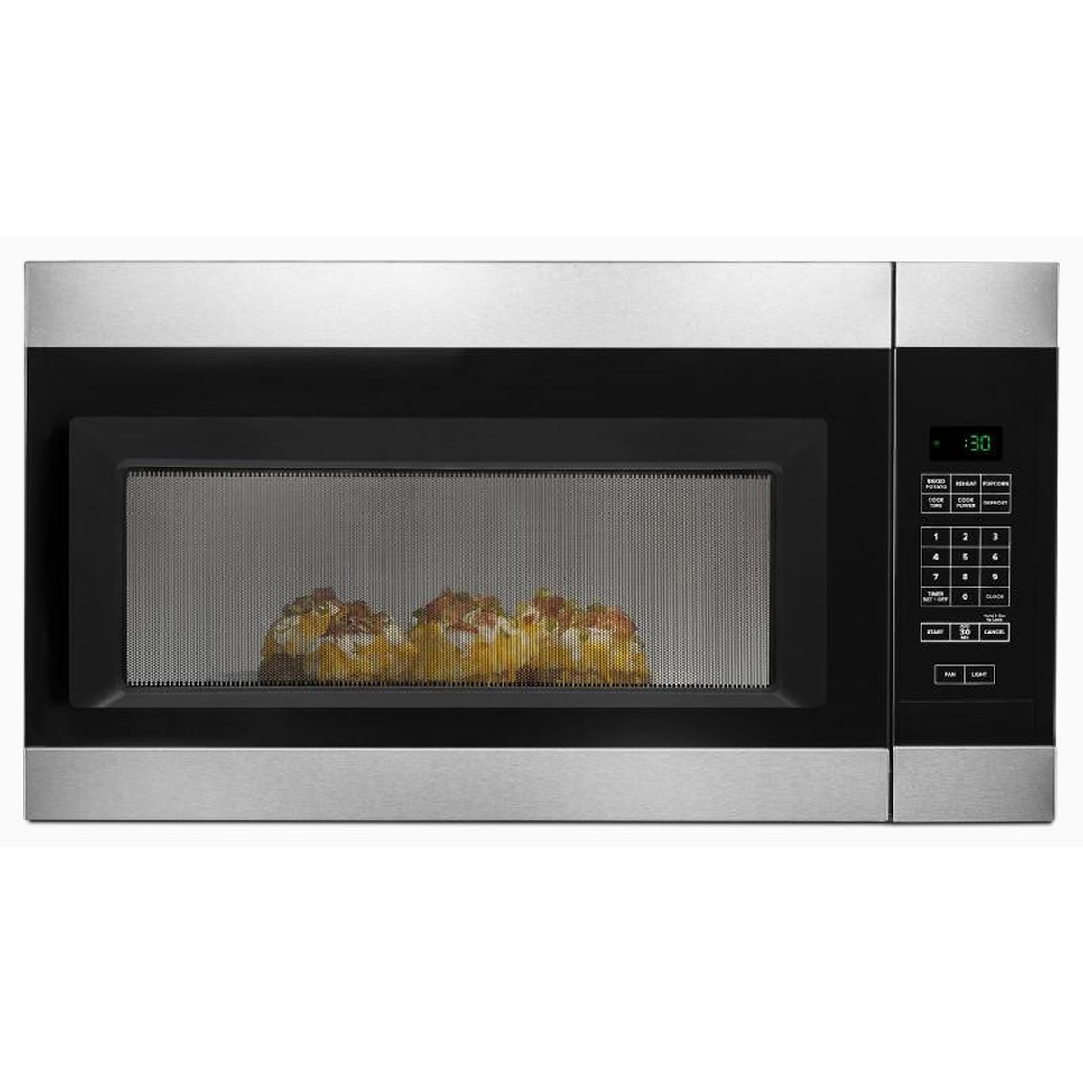 Amana over-the-range microwave front view showing right-side electronic touch keypad and display