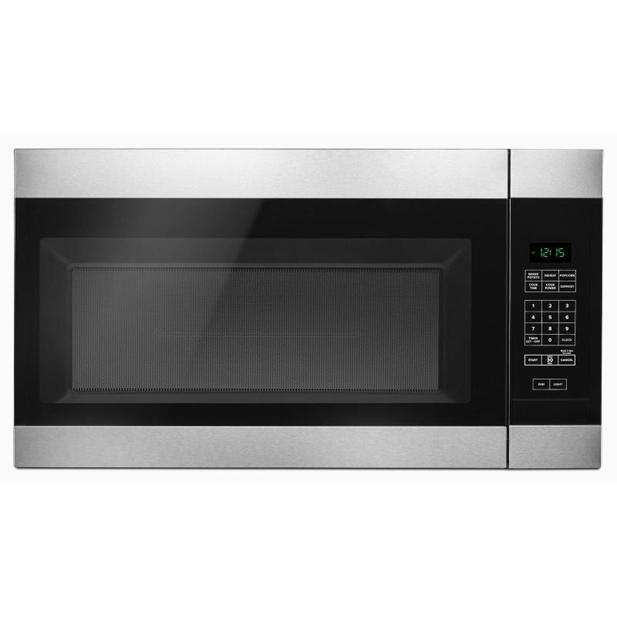 Front view of Amana over-the-range microwave with black stainless finish and right-side control panel