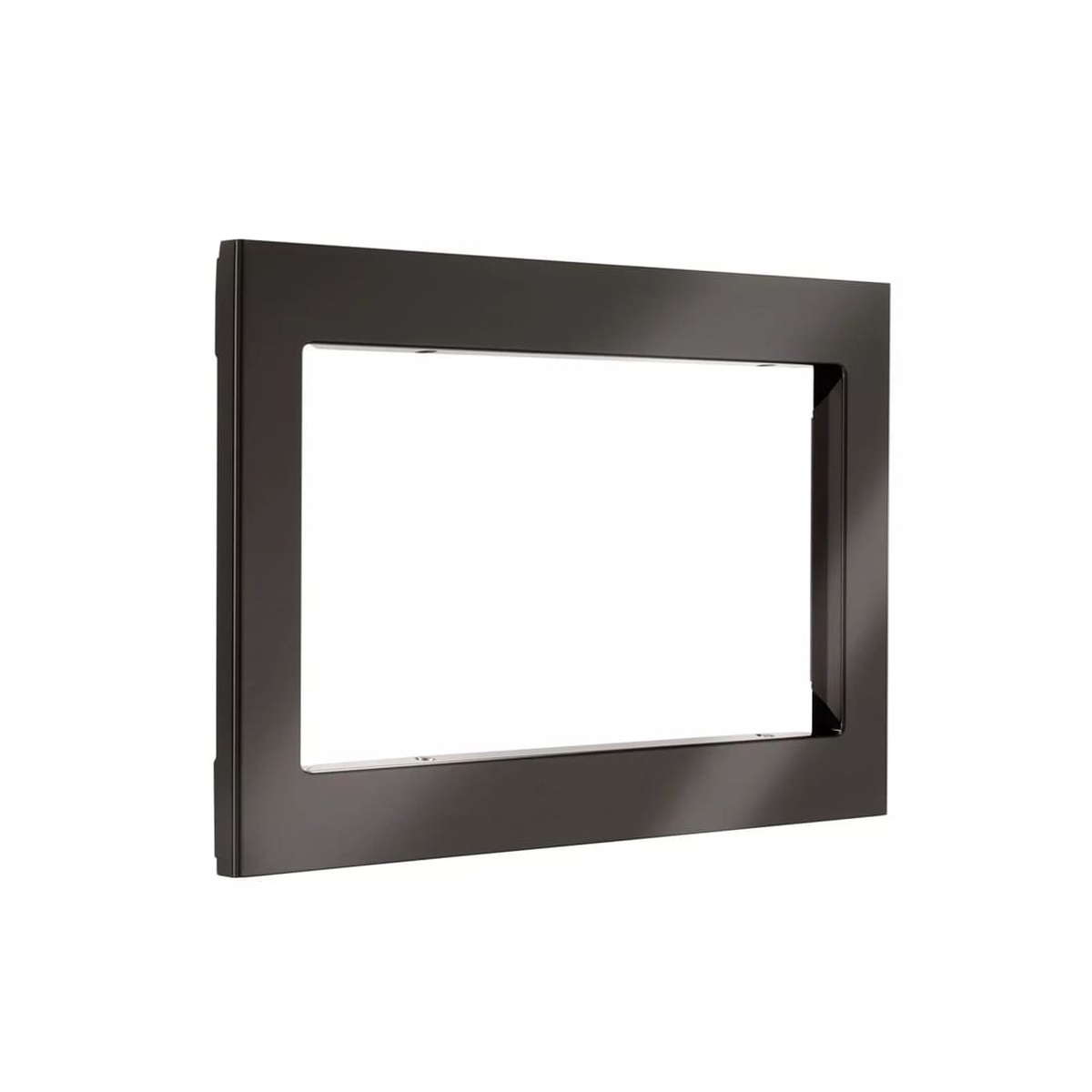 Angled view of the LG microwave trim kit frame in a dark metallic finish