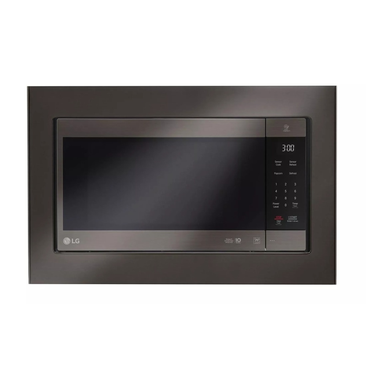 LG microwave shown installed with a trim kit for a built-in look, with the control panel on the right