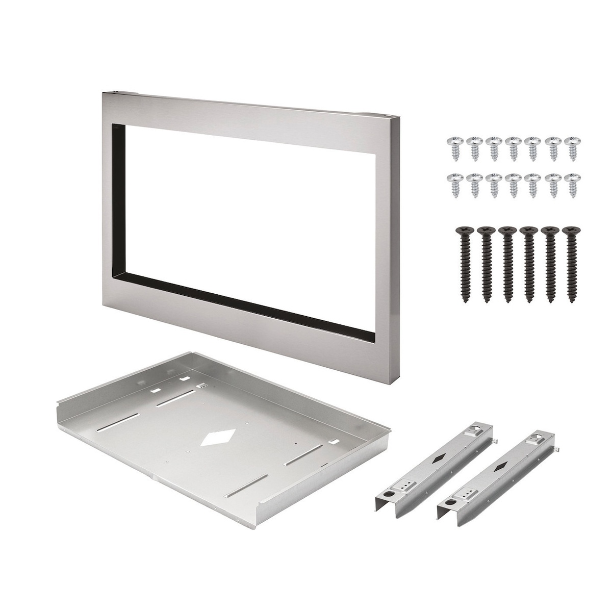 Microwave trim kit parts laid out, including stainless trim frame, mounting pieces, and assorted screws