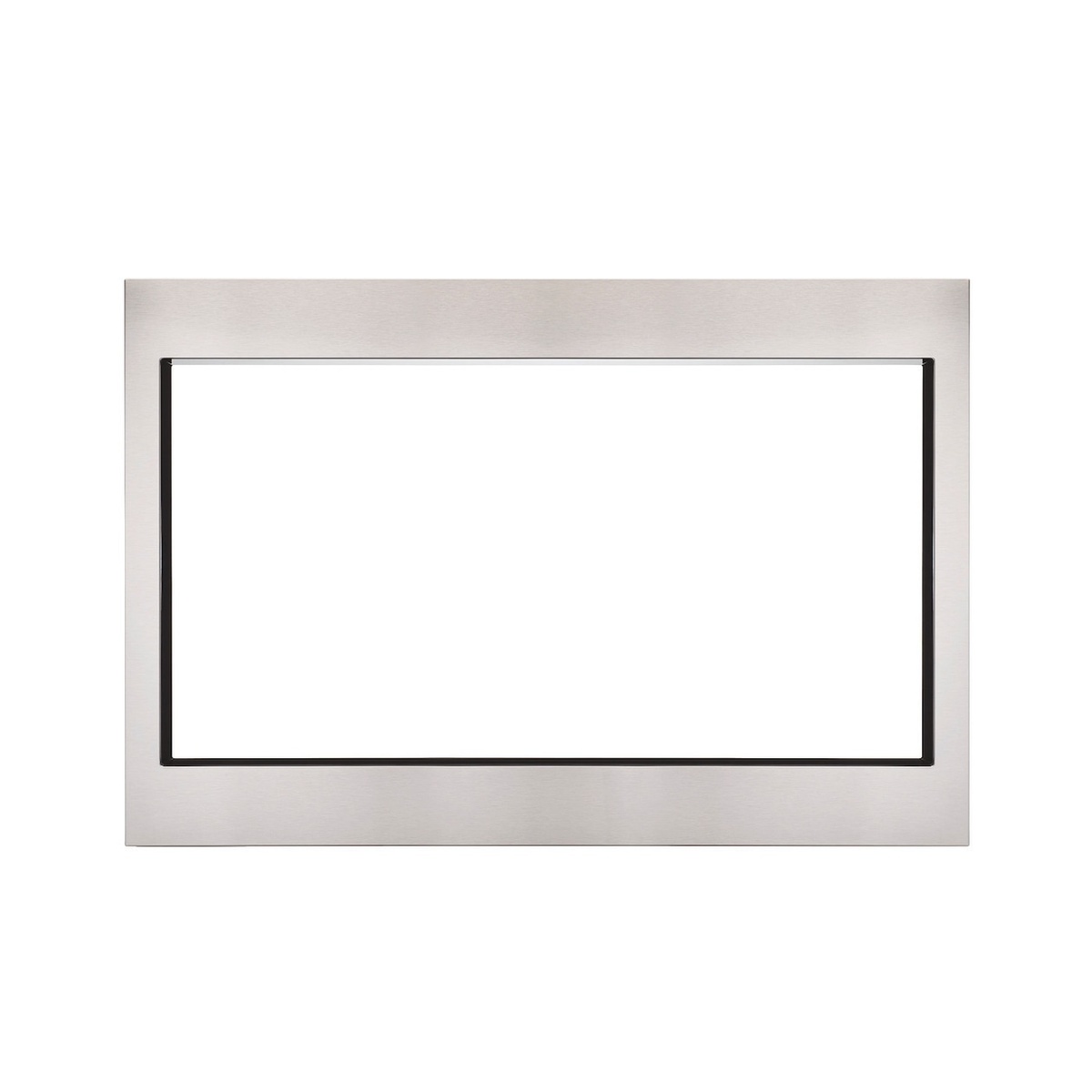 Front view of a stainless-steel microwave trim frame with a rectangular opening