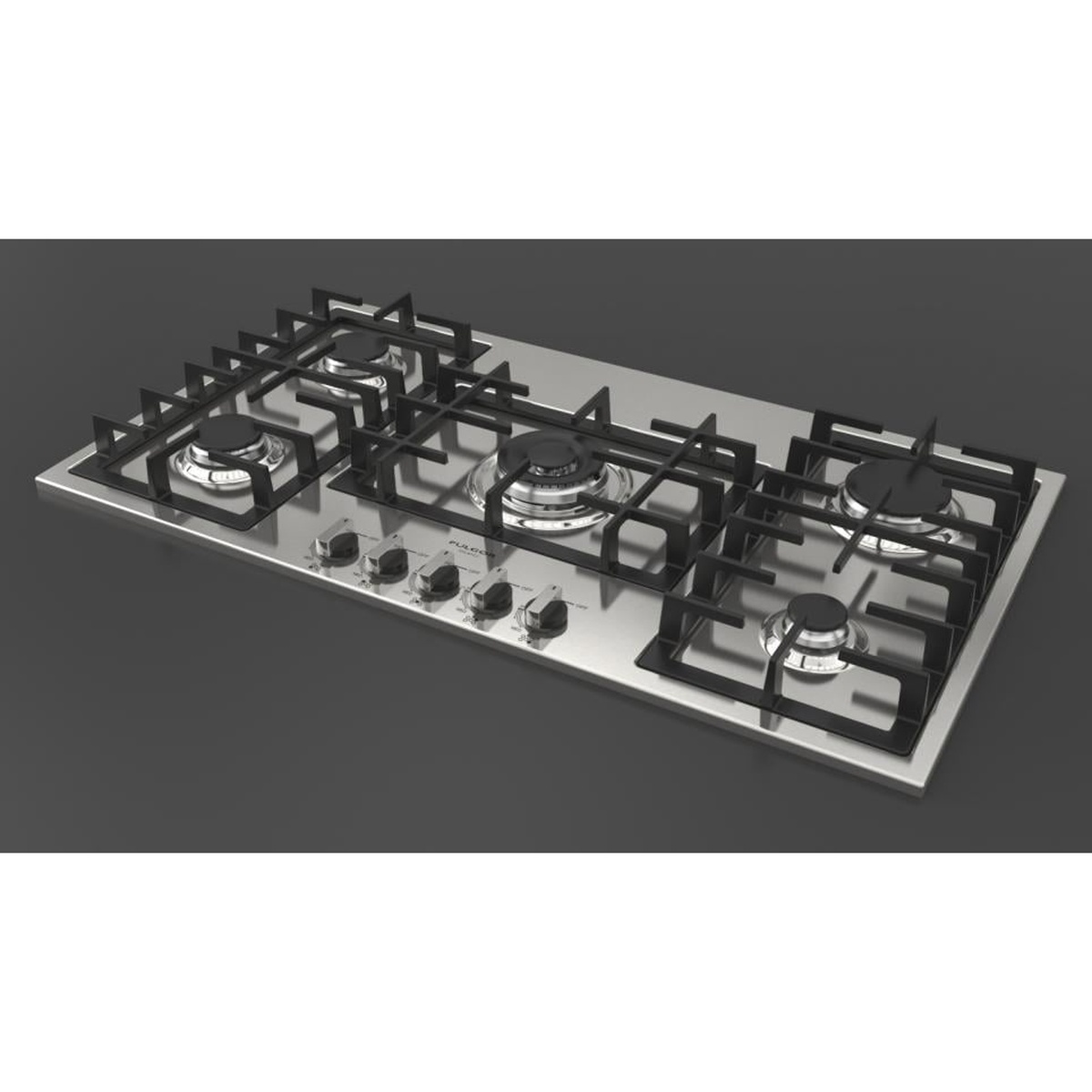 Angled view of the Fulgor Milano 36 inch stainless steel gas cooktop showing black grates, five burners, and front control knobs