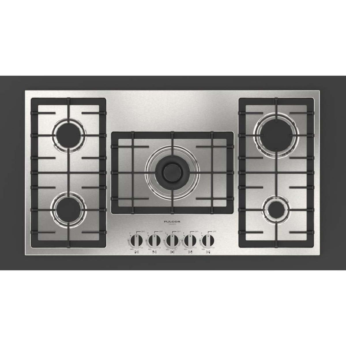 Top-down view of the Fulgor Milano 36 inch stainless steel gas cooktop with five burners, including a large center burner and black grates