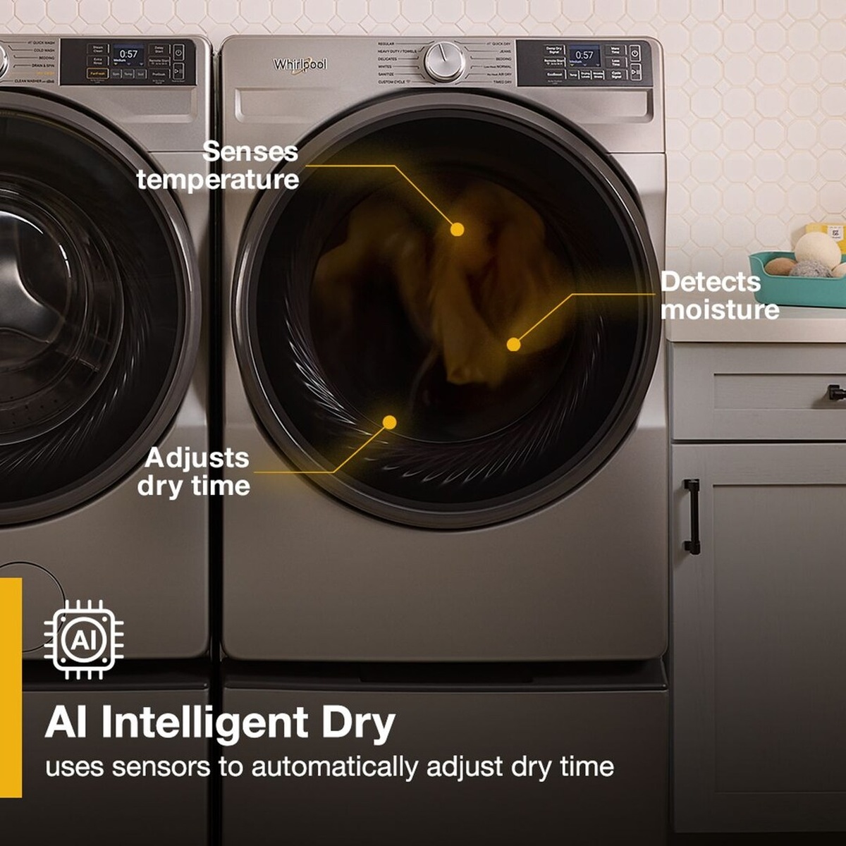 Whirlpool front load dryer shown with AI Intelligent Dry callouts for sensing temperature, detecting moisture, and adjusting dry time