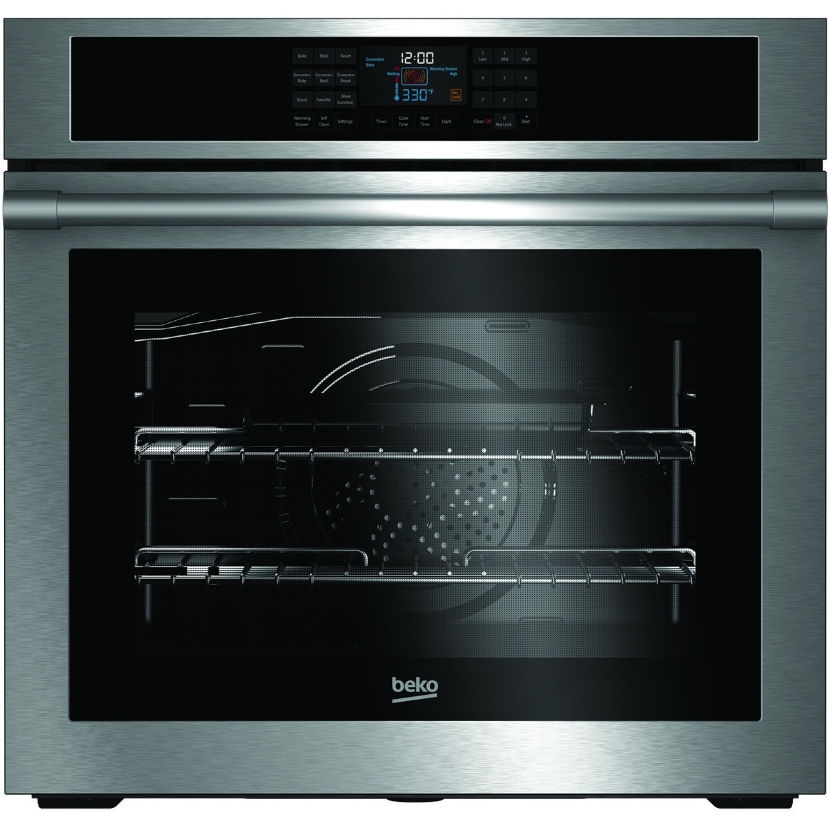 Front view of a Beko stainless steel single wall oven showing the touch control panel, large viewing window, and two oven racks inside