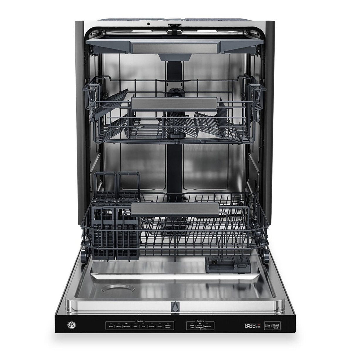 Open GE top-control dishwasher showing multiple racks, stainless interior, and the control panel along the top of the door