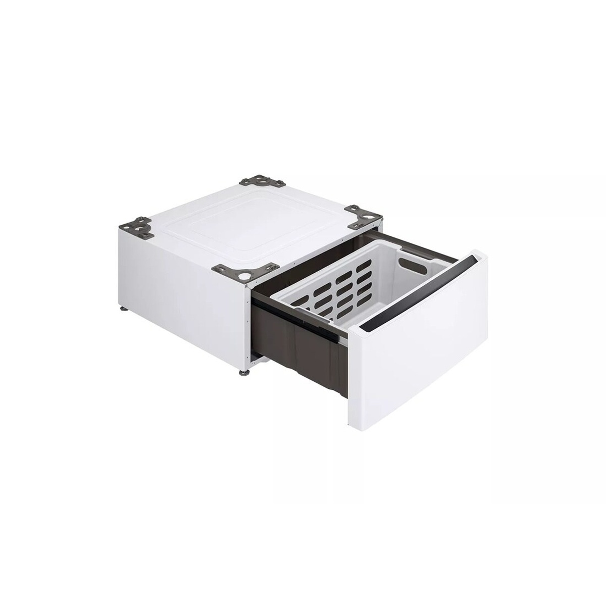 White LG pedestal storage drawer pulled open showing an organizer basket inside