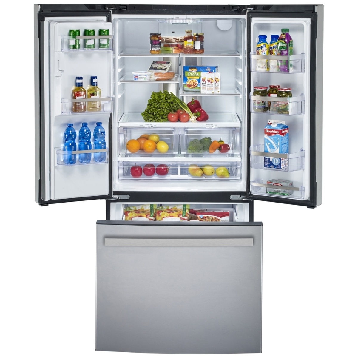 Open view of the GE PYE18HYRCFS refrigerator showing adjustable glass shelves, clear door bins, produce drawers, and a pull-out bottom freezer drawer
