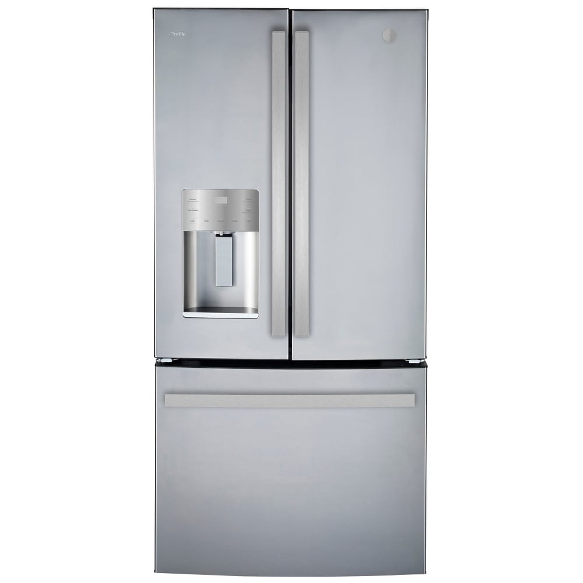 Front view of the GE PYE18HYRCFS stainless steel counter-depth French door refrigerator with external ice and water dispenser