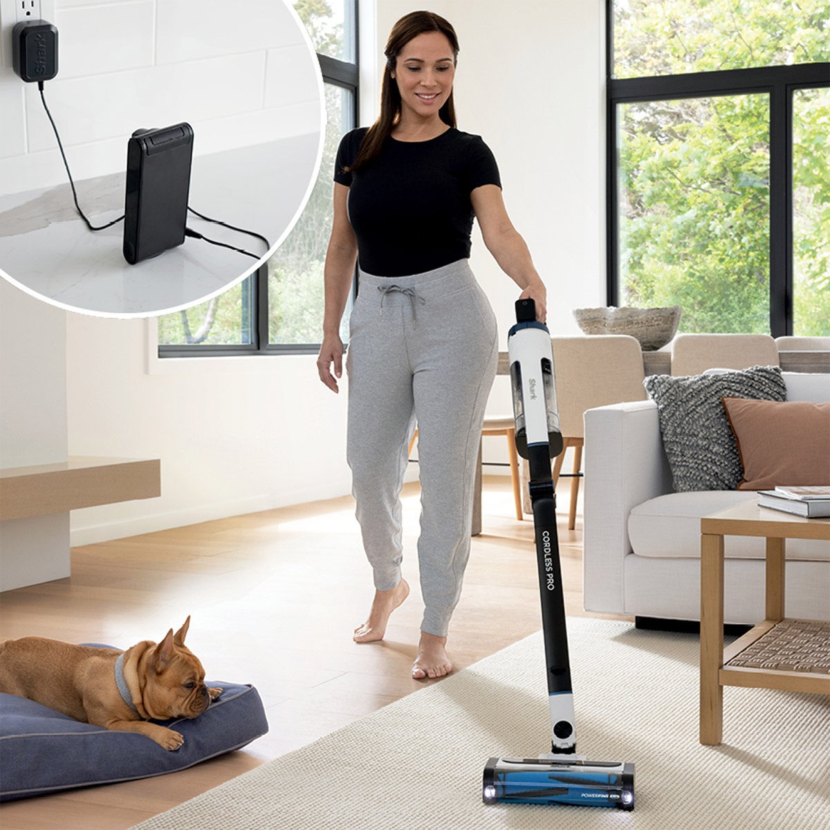 Person using the Shark cordless vacuum in a living room with a dog nearby, with an inset showing the removable battery charging from a wall outlet