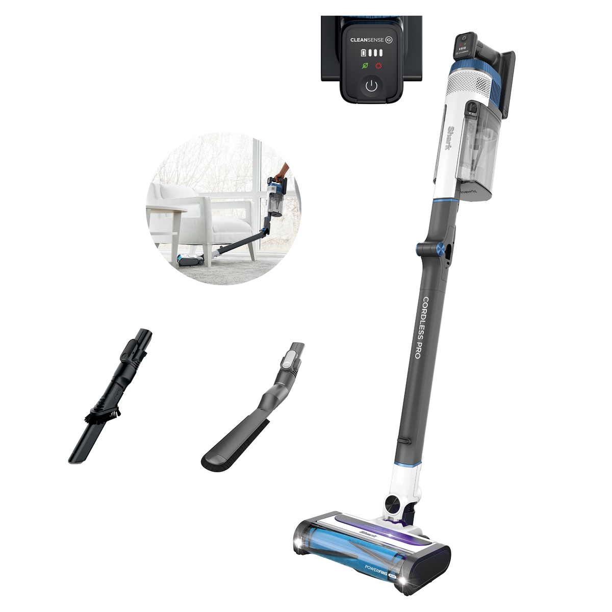 Shark Cordless Pro stick vacuum with Clean Sense IQ display, PowerFins floor nozzle, and included crevice and dusting brush attachments