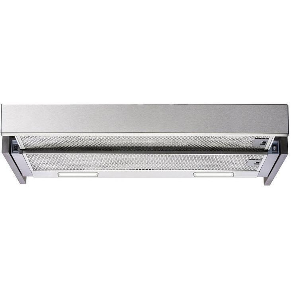 Underside view of the telescopic range hood showing mesh-style filters and two rectangular lights