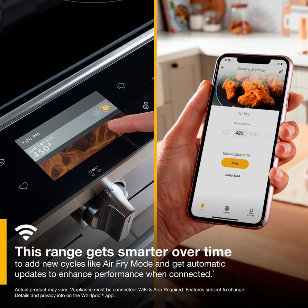 Range touchscreen showing Air Frying 450 degrees next to a phone running the Whirlpool app Air Fry screen