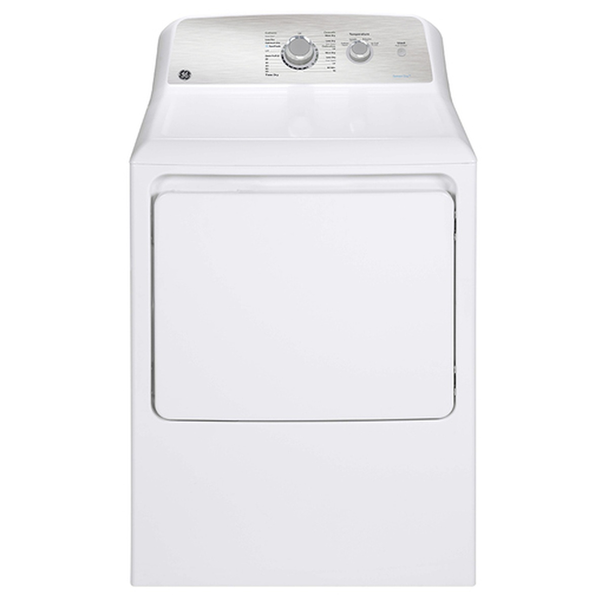 Front view of a white GE top-load electric dryer with a solid door and rear control panel