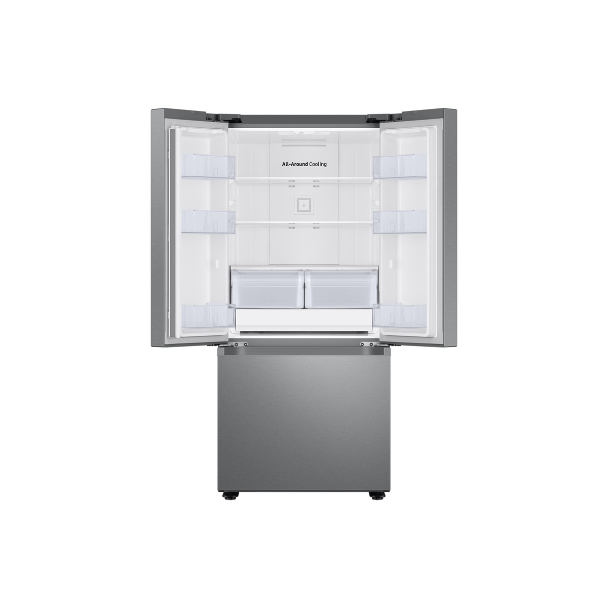 Open Samsung French door refrigerator showing interior shelves, door bins, crisper drawers, and All-Around Cooling label