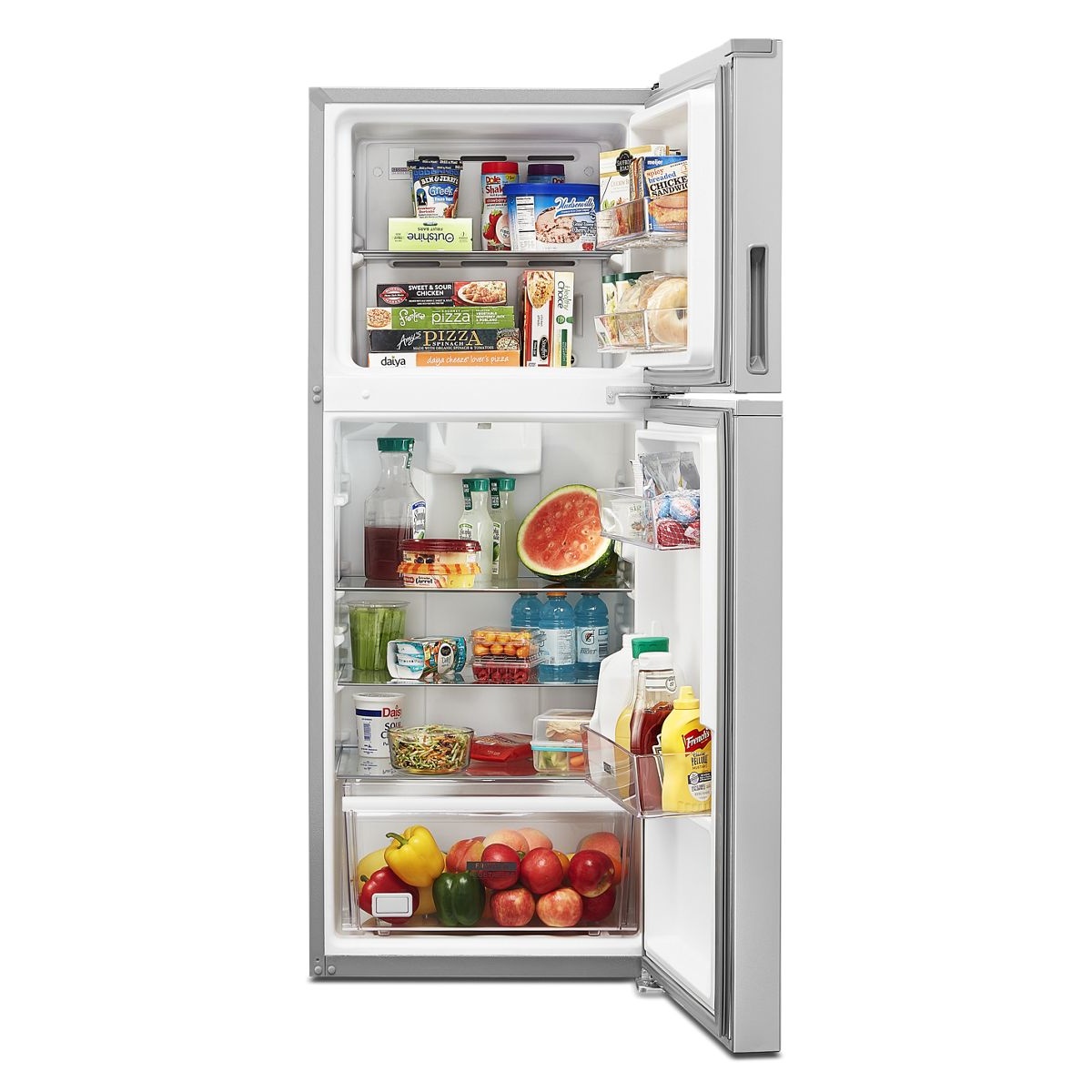 Whirlpool WRT112CZJZ refrigerator with doors open showing top freezer shelf, refrigerator shelves, door bins, and a clear crisper drawer