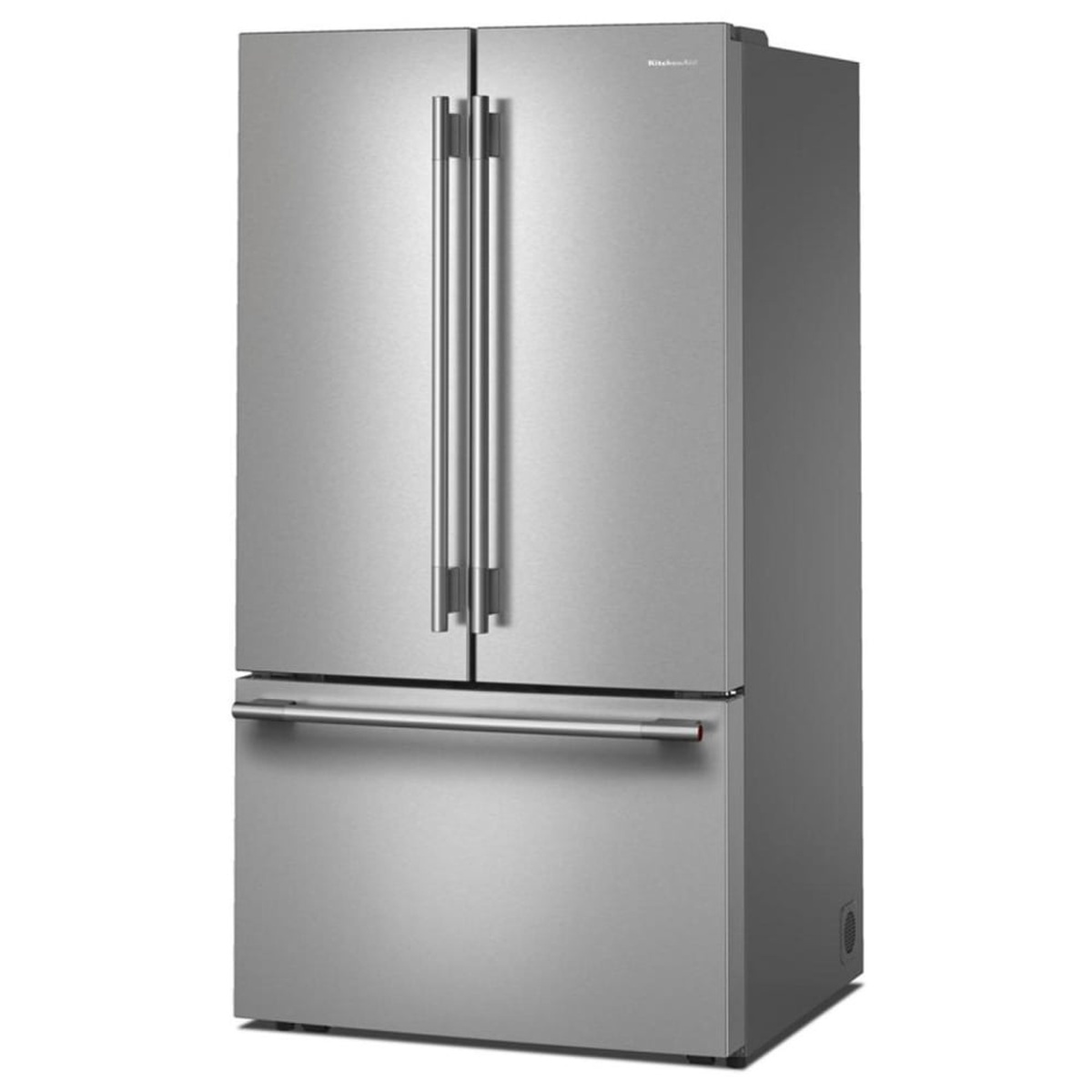 Angled front view of KitchenAid stainless steel French door refrigerator with bottom freezer drawer and bar handles