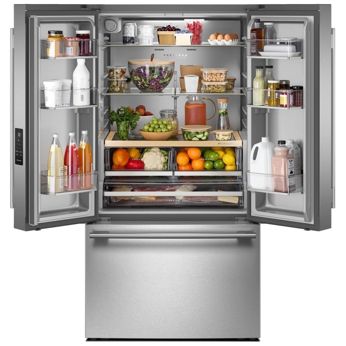 KitchenAid French door refrigerator interior with wood-look tray, crispers, door bins, and full-width pantry drawer