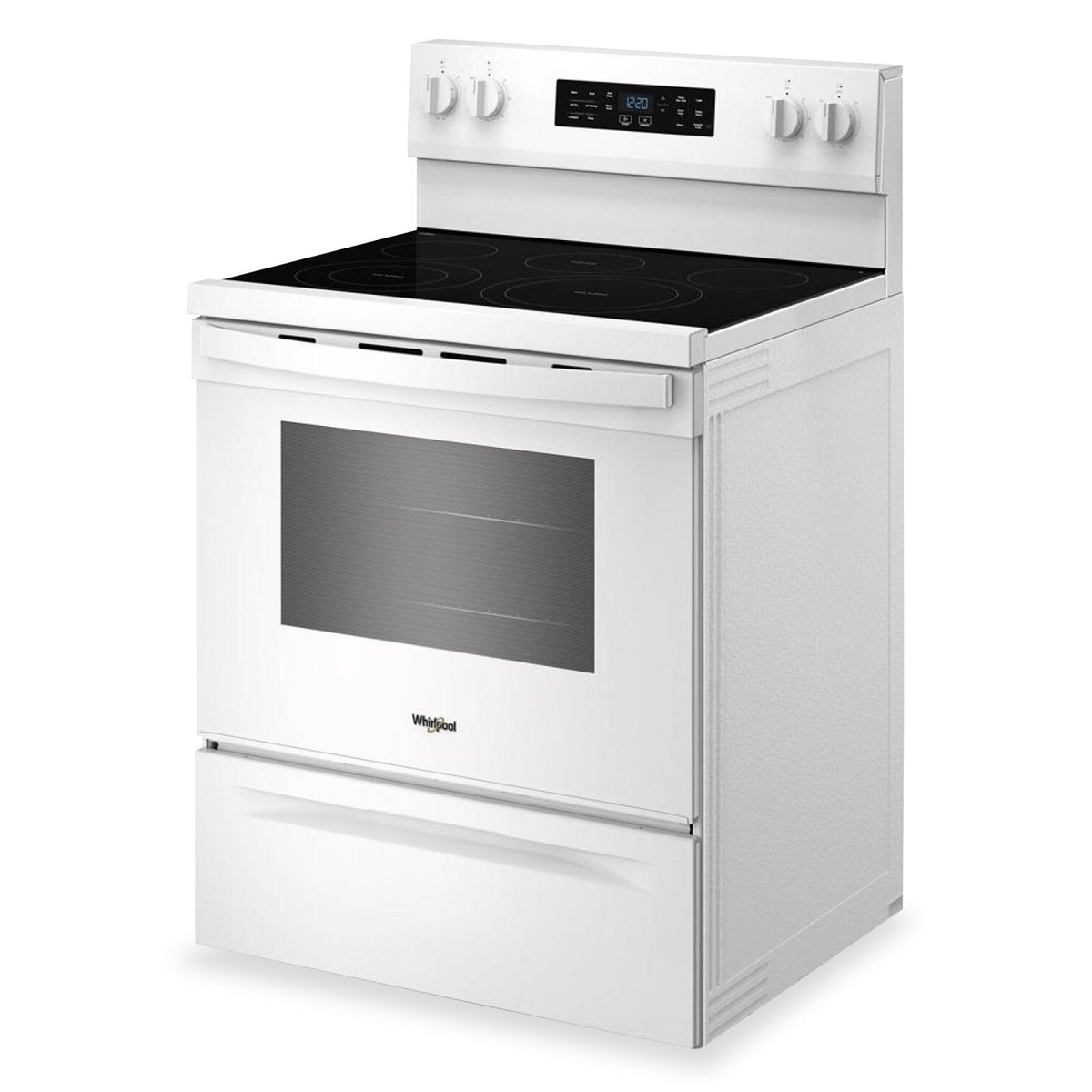 Angled front view of a white Whirlpool freestanding electric range with smooth cooktop and bottom storage drawer