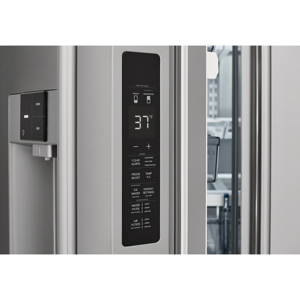 Close-up of the refrigerator door control panel showing temperature readout, alerts, and filter status buttons