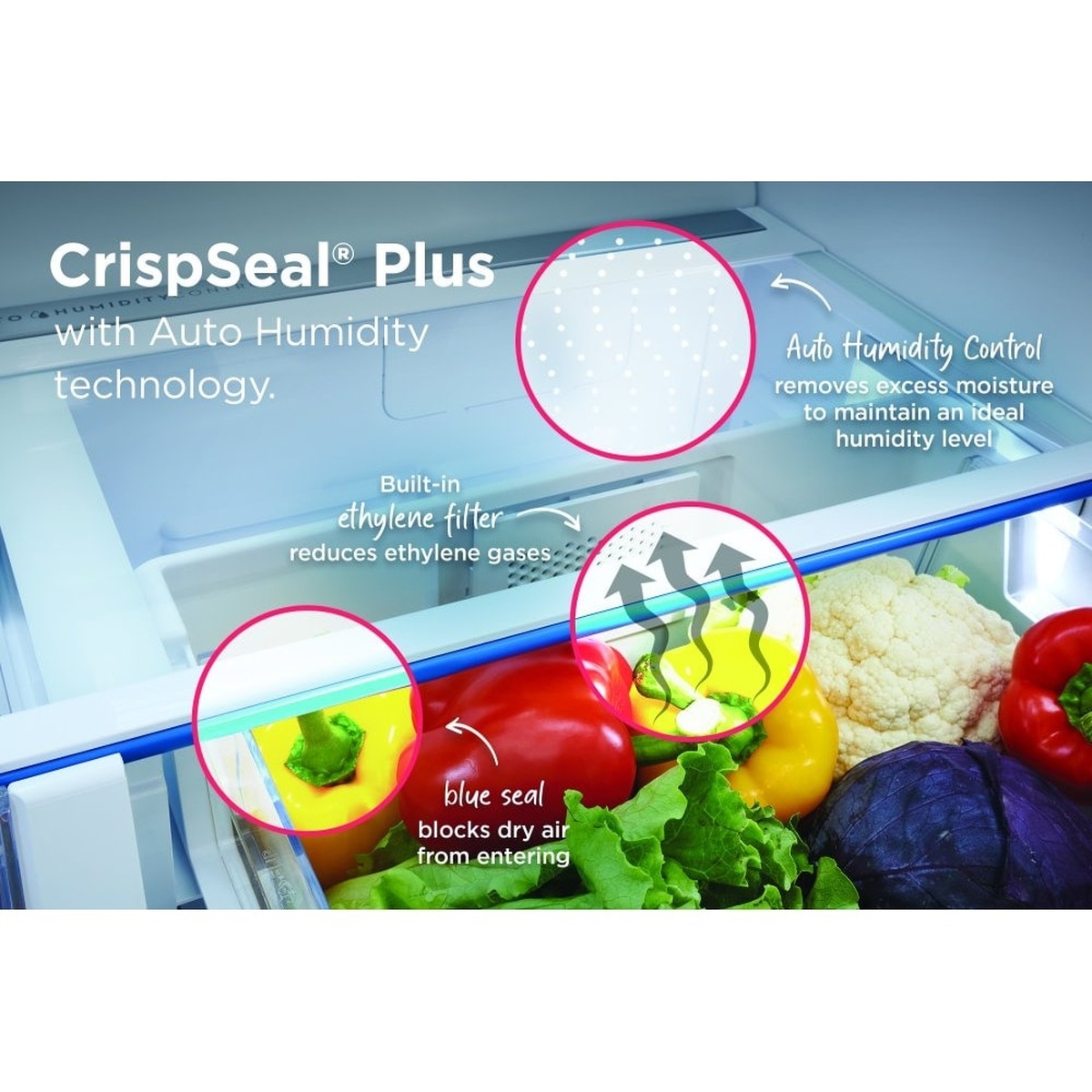 CrispSeal Plus crisper drawer graphic showing auto humidity control and built-in ethylene filter for produce