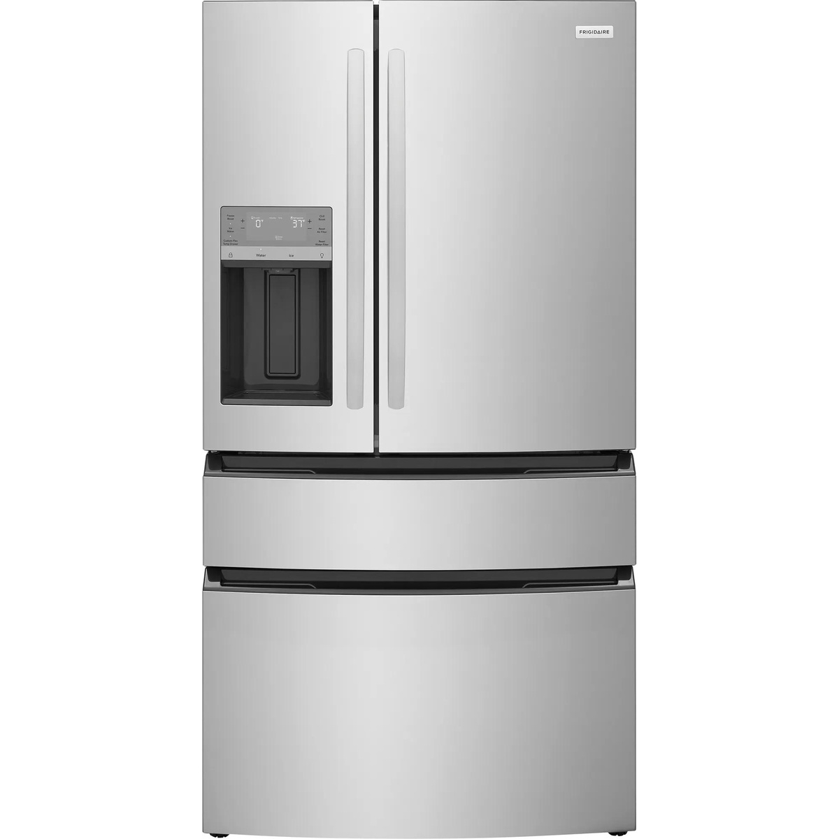 Front view of Frigidaire FRMS274TAV 4-door French door refrigerator with exterior ice and water dispenser and touch controls