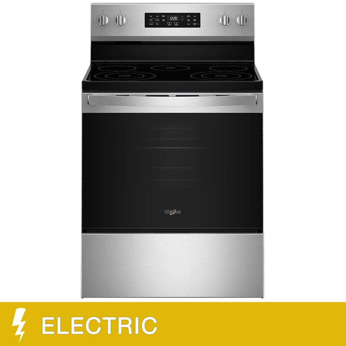 Front view of the Whirlpool 30 inch stainless steel freestanding electric range with smooth cooktop and rear control panel