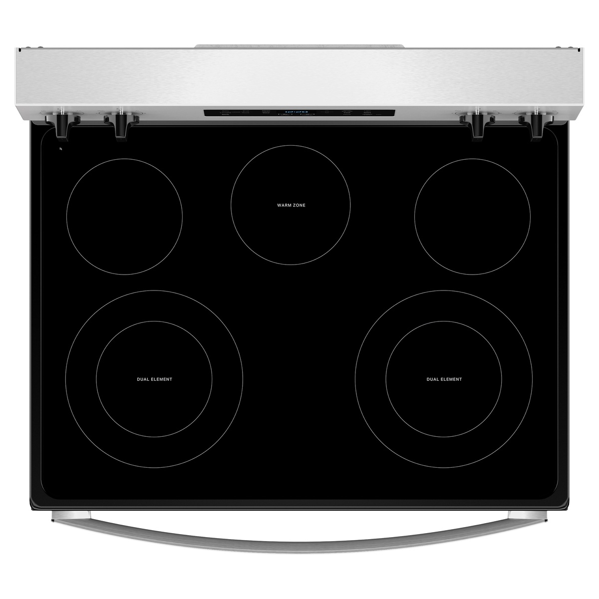 Top view of the Whirlpool smooth electric cooktop showing five heating zones, including two dual elements and a center warm zone