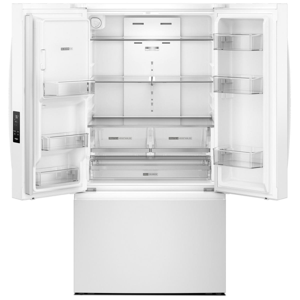 Open Whirlpool white French door refrigerator showing adjustable glass shelves, door bins, crispers, and a full-width deli drawer