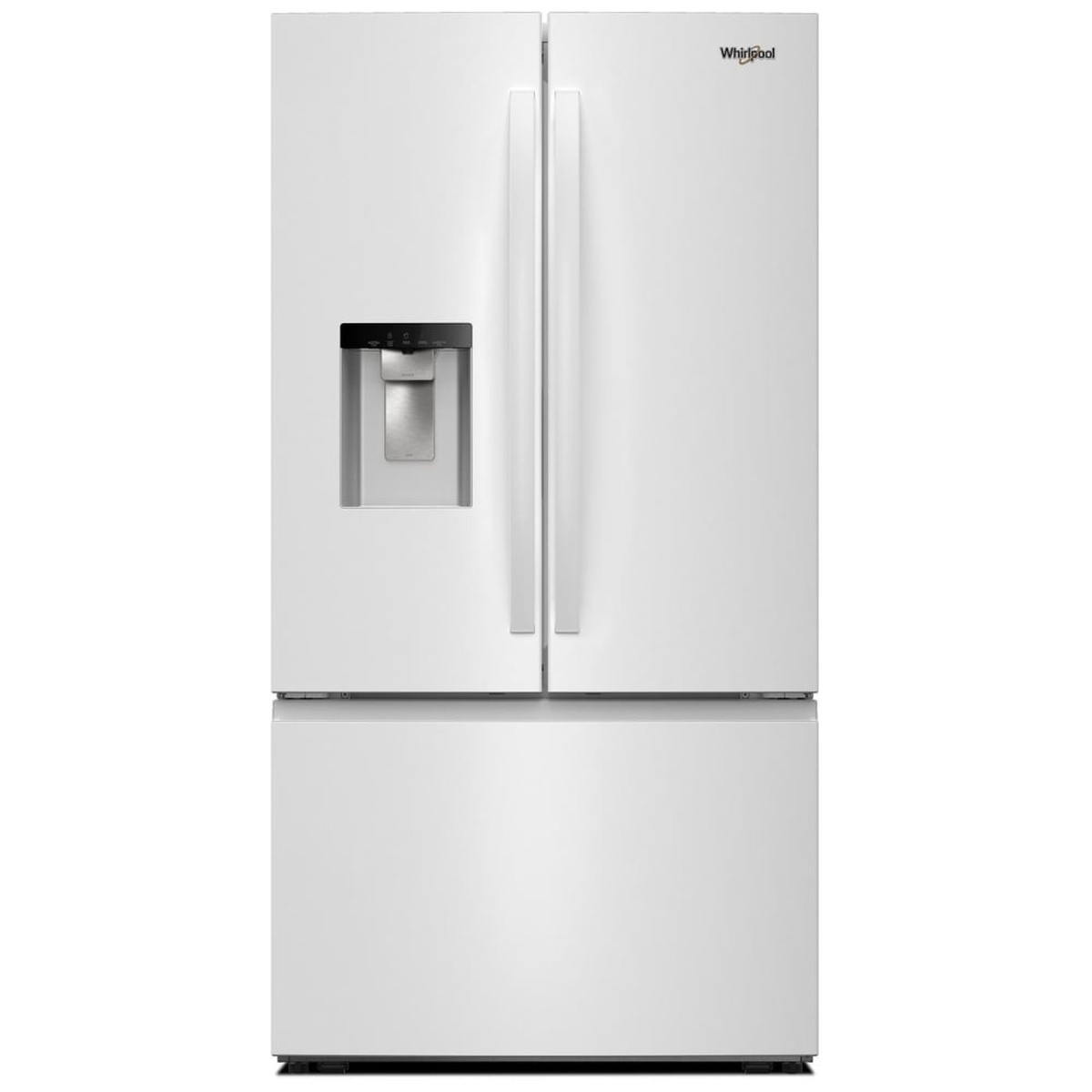 Front view of a white Whirlpool French door refrigerator with an external ice and water dispenser