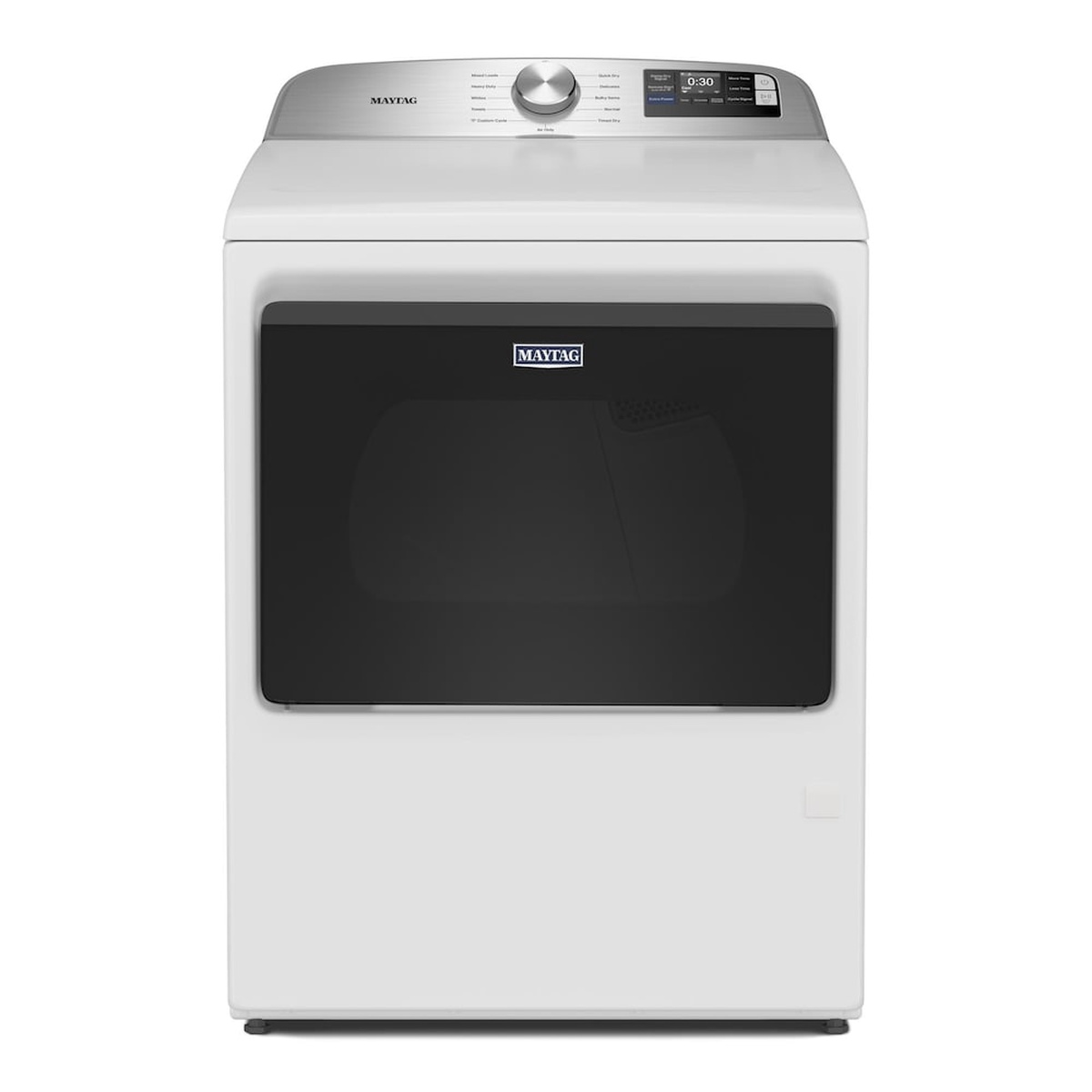 Front view of a white Maytag top-load electric dryer with a large hamper-style door and top control panel