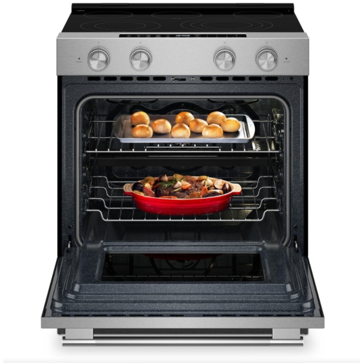 KitchenAid electric range oven shown open with two racks holding a baking tray and a casserole dish