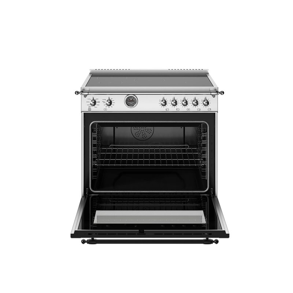 Bertazzoni Heritage 36-inch range shown with the oven door open, displaying the large oven cavity and rack positions
