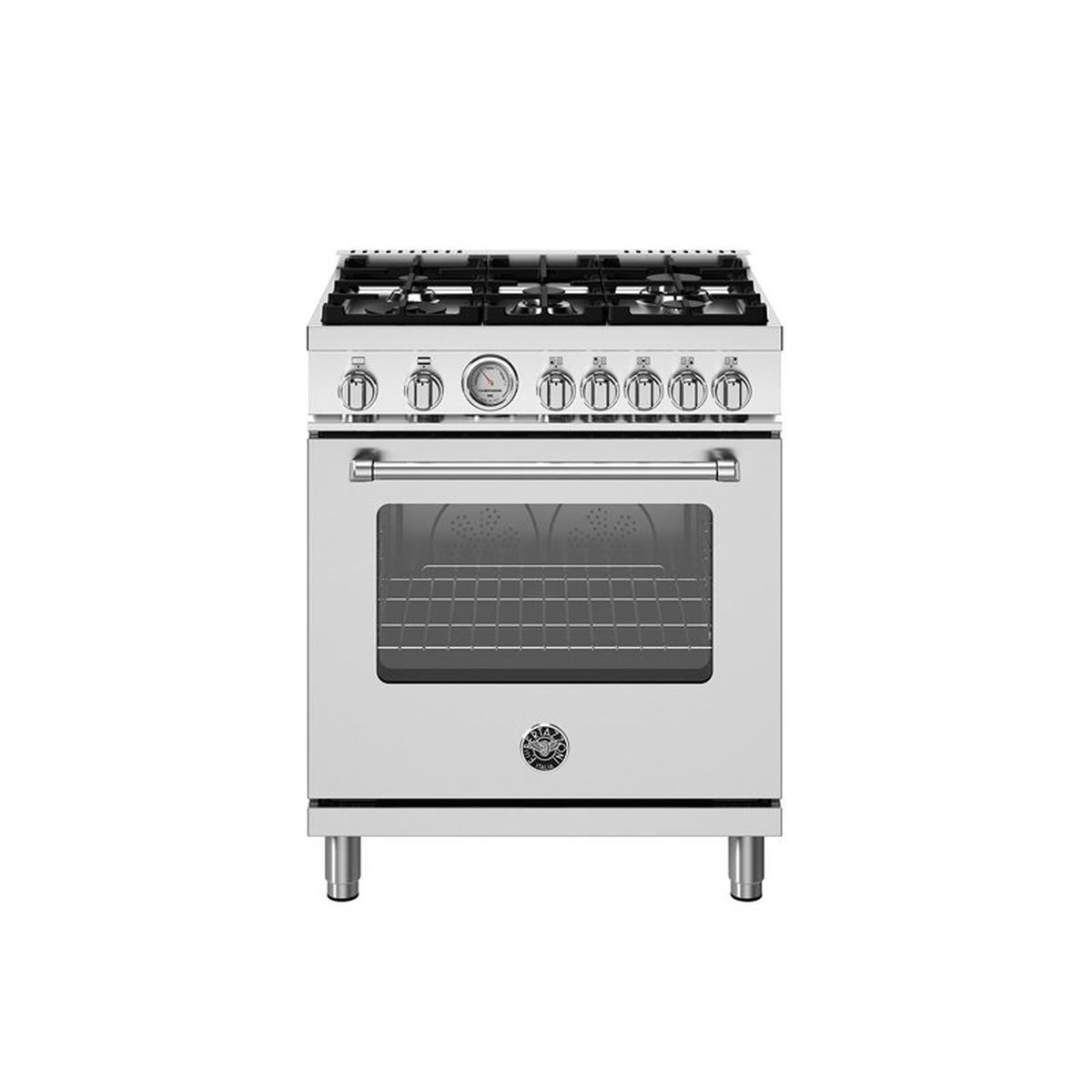 Front view of a stainless steel Bertazzoni 30-inch gas range with five burner grates, metal control knobs, and an analog temperature gauge