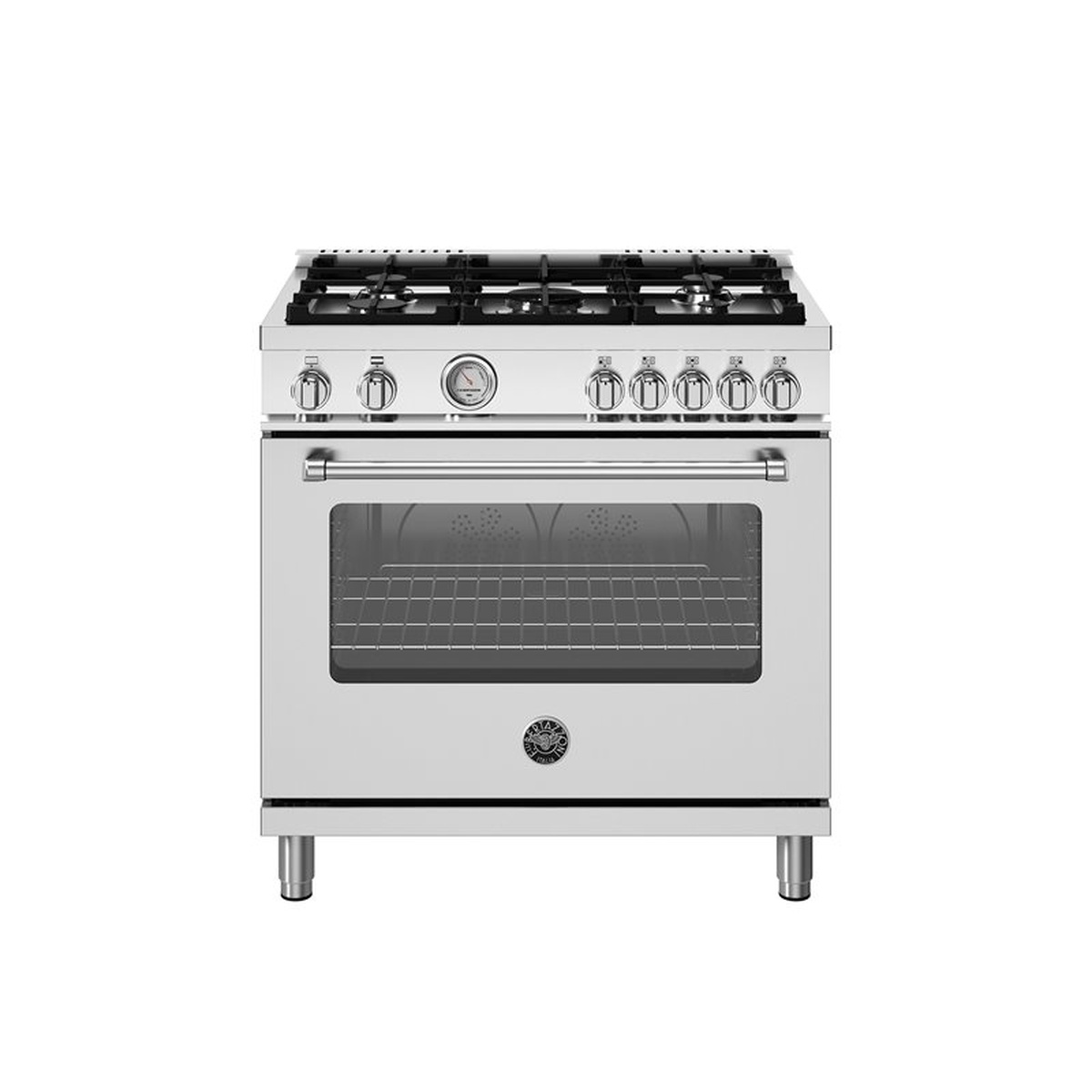 Front view of a Bertazzoni 36-inch all-gas range with five burner grates, metal control knobs, and a large oven window