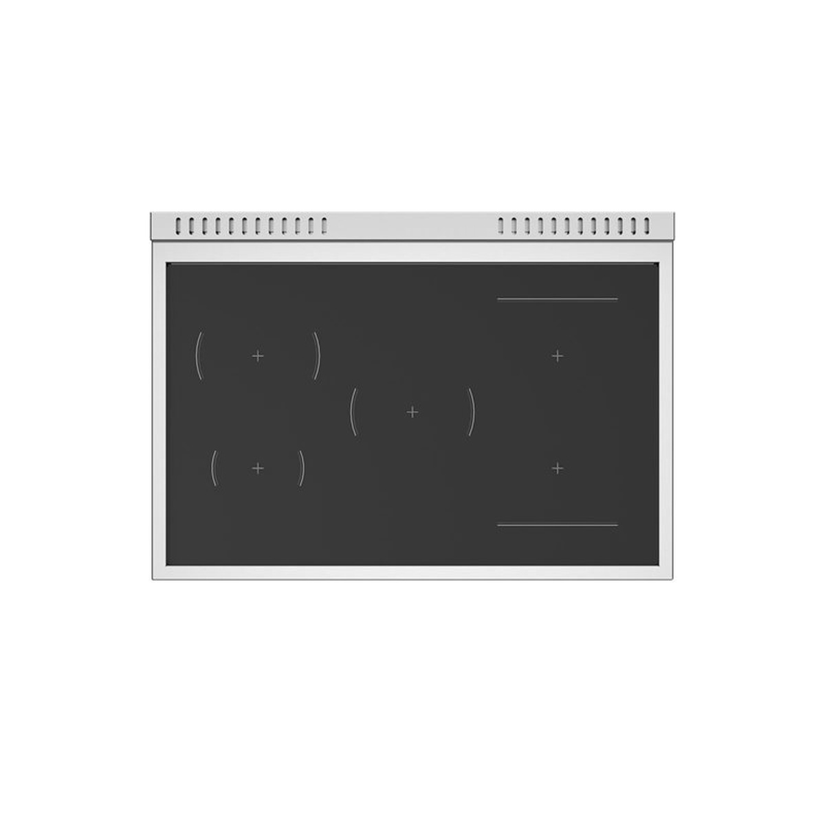 Top view of a Bertazzoni 36-inch induction cooktop with five marked heating zones and a bridge area on the right