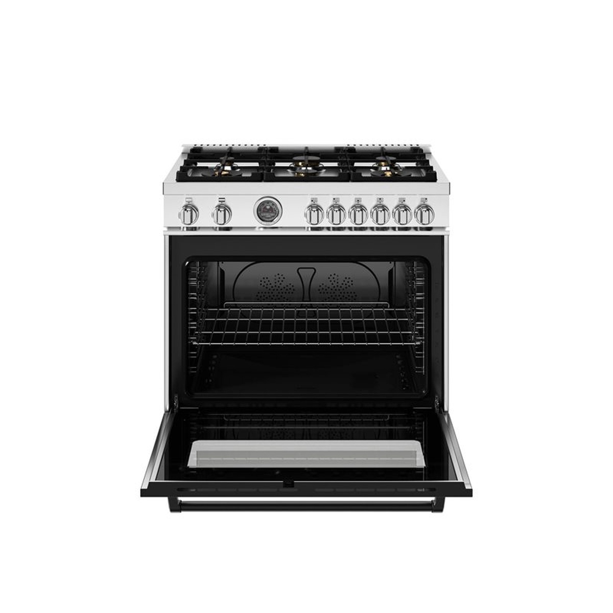 Bertazzoni 36-inch range with the oven door open, showing the large oven cavity and rack guides