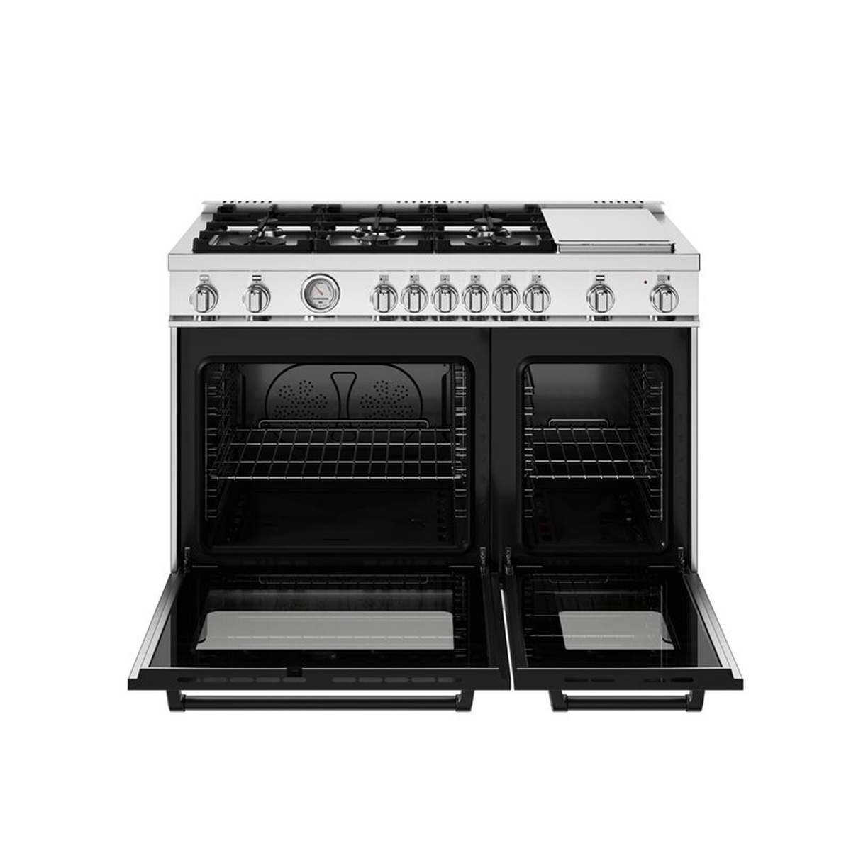 Bertazzoni 48-inch range with both oven doors open, showing two oven cavities with racks