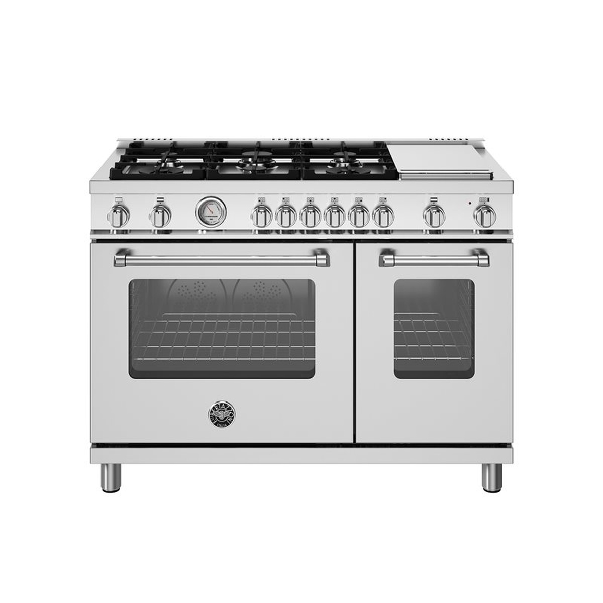 Front view of a Bertazzoni 48-inch range with six burners, a covered griddle area, and two oven doors