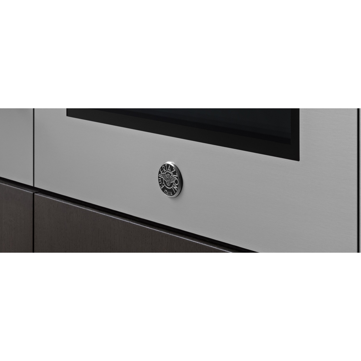 Close-up of the Bertazzoni emblem badge on the stainless steel oven front