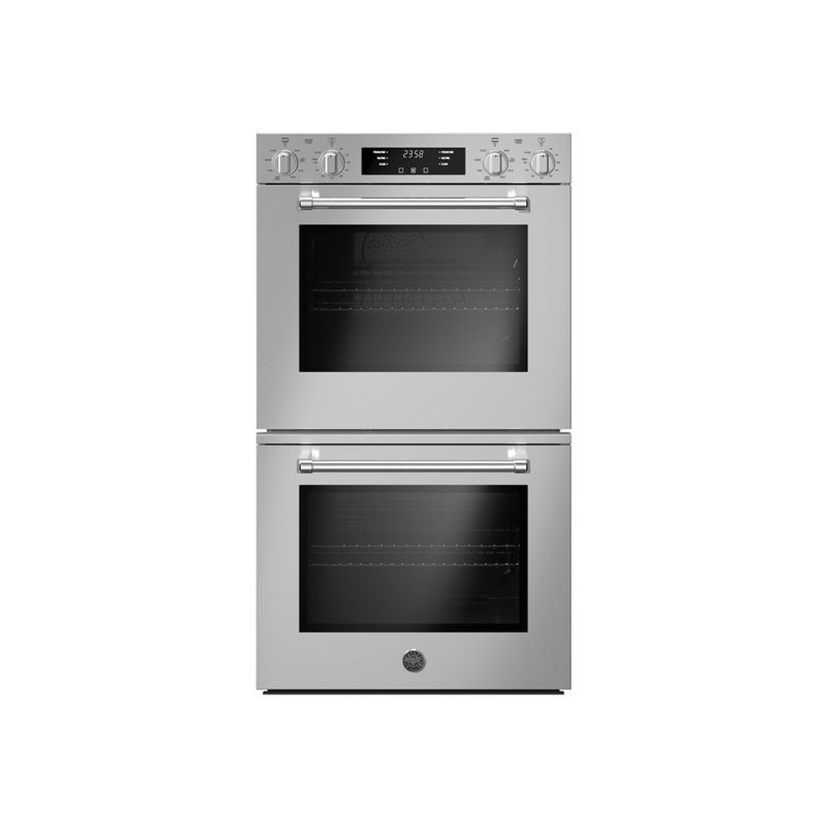 Front view of a Bertazzoni 30-inch stainless steel double wall oven with two oven doors, metal handles, and control knobs with a central LED display