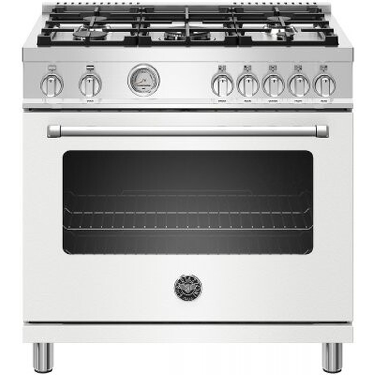 Front view of a Bertazzoni 36-inch freestanding gas range in matte white with five burners, metal control knobs, and an analog temperature gauge