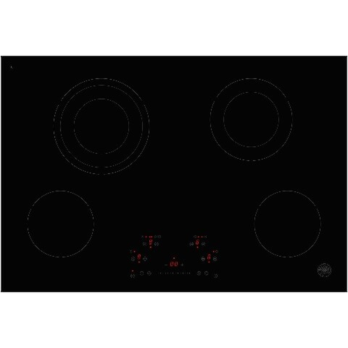 Top view of a Bertazzoni 24-inch black ceramic glass electric cooktop with four marked heating zones